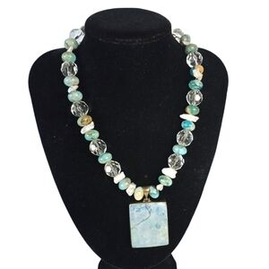 Turquoise & Shell Silver Womens Necklace 925 Beaded Natural Stone Lagenlook Boho